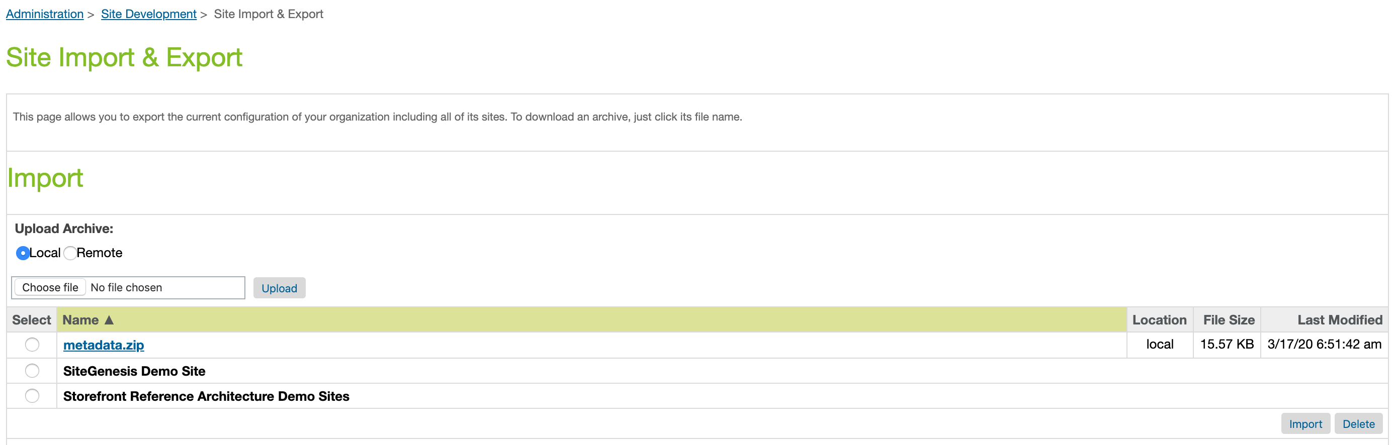 Site Import & Export screen in Salesforce Commerce Cloud