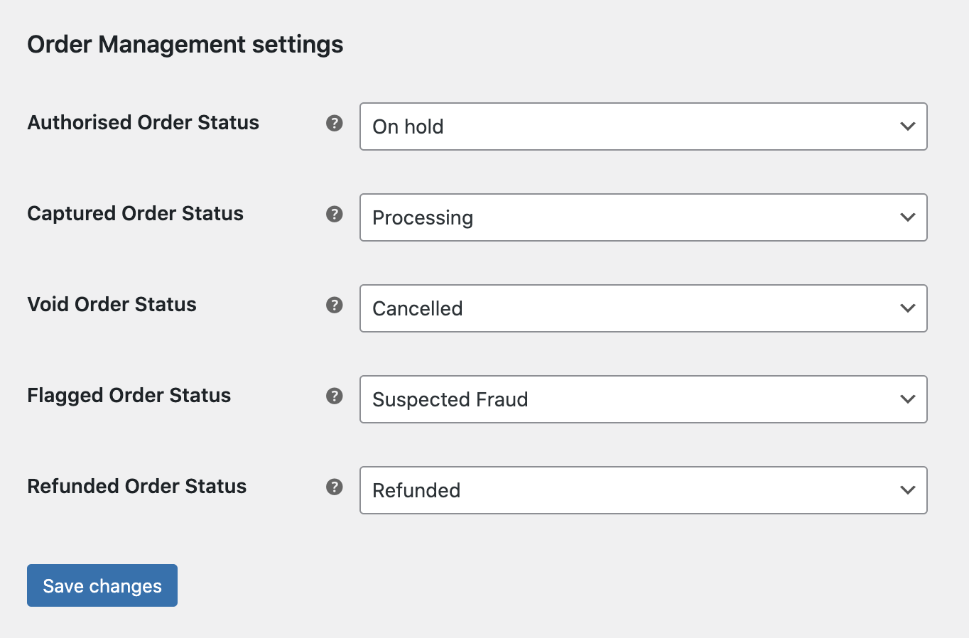Order management settings screen